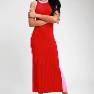 Hype Woman Red Color Block Ribbed Knit Midi Dress Size S